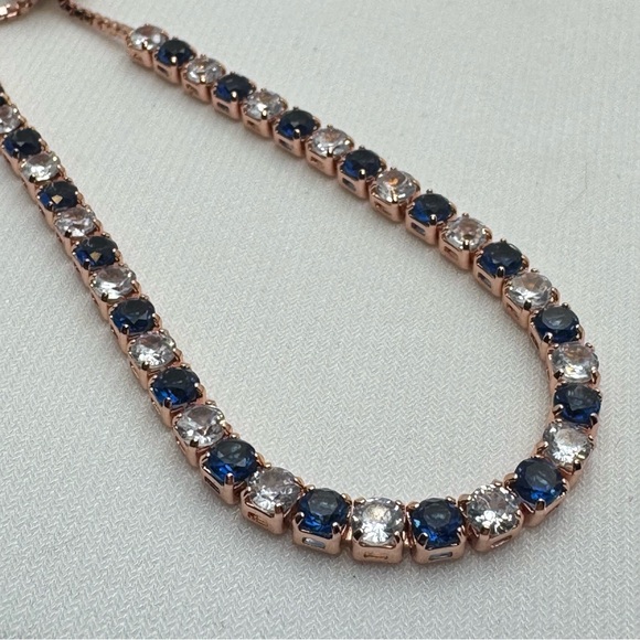 Rose Gold Tone Plated Blue & Clear Crystal Slider Bracelet Adjustable - Picture 2 of 6